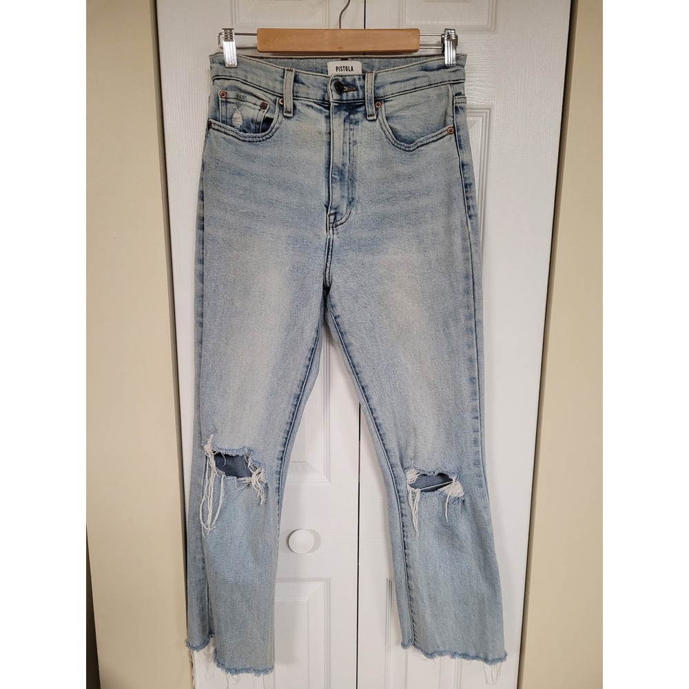PISTOLA Denim Jeans Sz 27 Light Wash Distressed Too Kool Ripped Raw Hem‎ 30$ ea